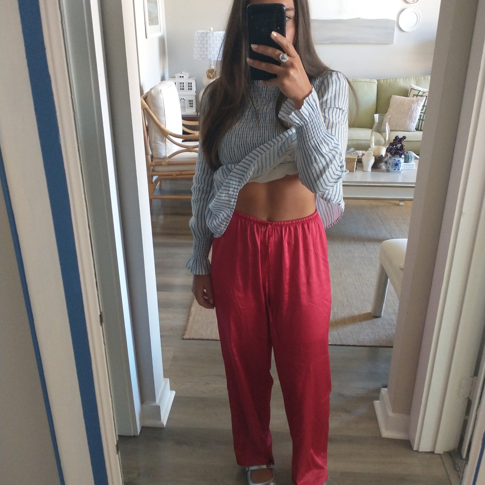 Red Satin/Silk Drawstring Waist Wide Leg Pants